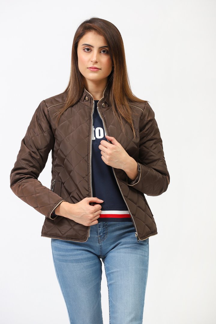 Coffee Parachute Puffed Jacket With Contrast Edging